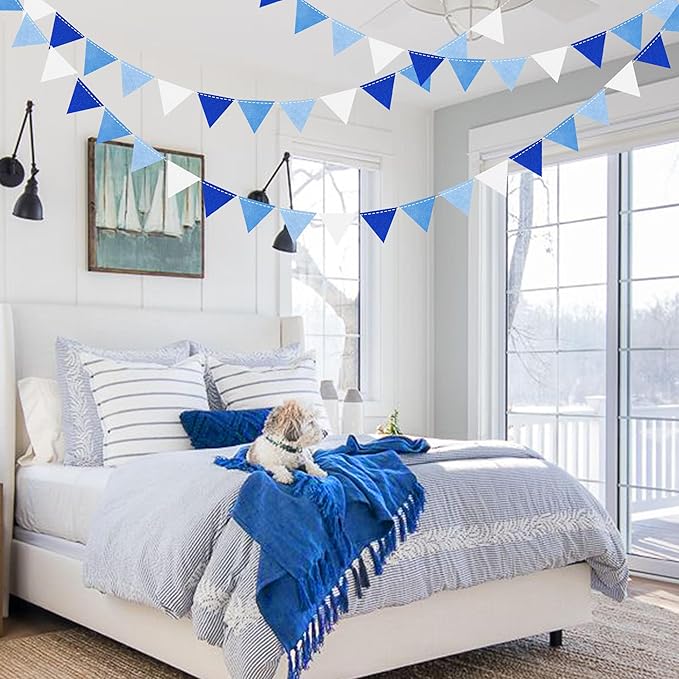 Blue Party Decorations Felt Hanging Triangle Mini Bunting Pennant Banner Flag for Birthday Wedding Baby Shower Bridal Shower Engagement Under The Sea Nautical Ahoy Achor Party Classroom Nursery Decor