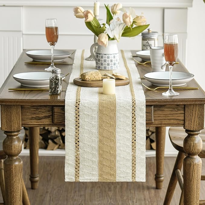 Artoid Mode Burlap Brown Farmhouse Woven Rustic Table Runner, Seasonal Holiday Hollow Kitchen Dining Table Decoration for Home Party Decor 12x90 Inch