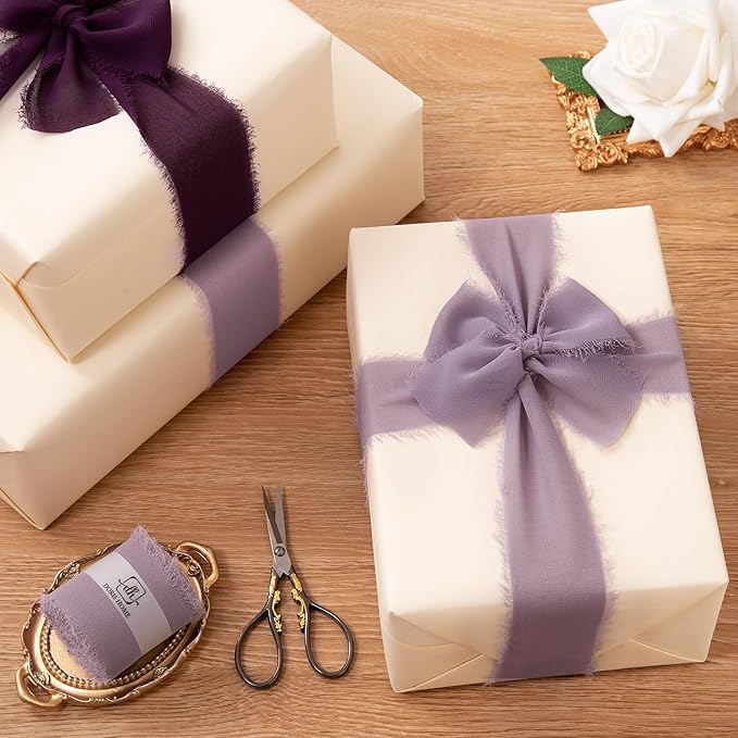 DORIS HOME 2" x21Yd Chiffon Ribbon for Flower Bouquet, Purple & Ivory Fabric Ribbon for Gift Wrapping, Handmade Frayed Ribbon for Wedding, Chiffon Silk Ribbon for Christmas Decorations