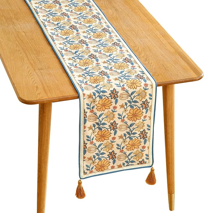 ISAENNE Designer Bohemian Elegant Linen Table Runner 102 Inches Long,Floral Pattern Duable Decor Table Runners for Dining Tables,Thanksgiving,Kitchen Tables,Christmas,12"*102"-Estevan B