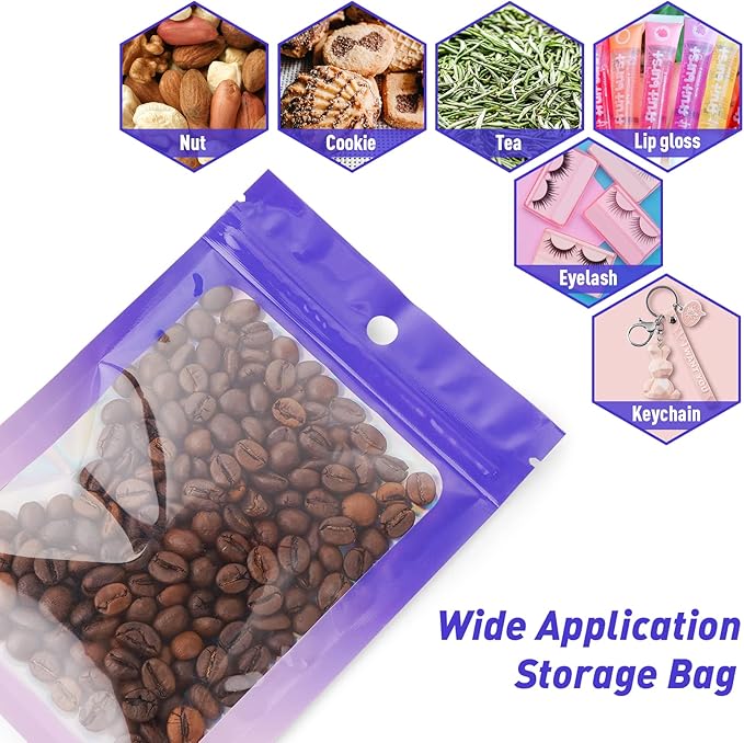 Funfery 100 Pack Mylar Holographic Bags,Clear Window Foil Bags Seal Pouch Resealable Bag with Zipper,Packaging Bag for Food Storage,Jewelry,Business Supplie(3.5×4.7in,Purple Pink)