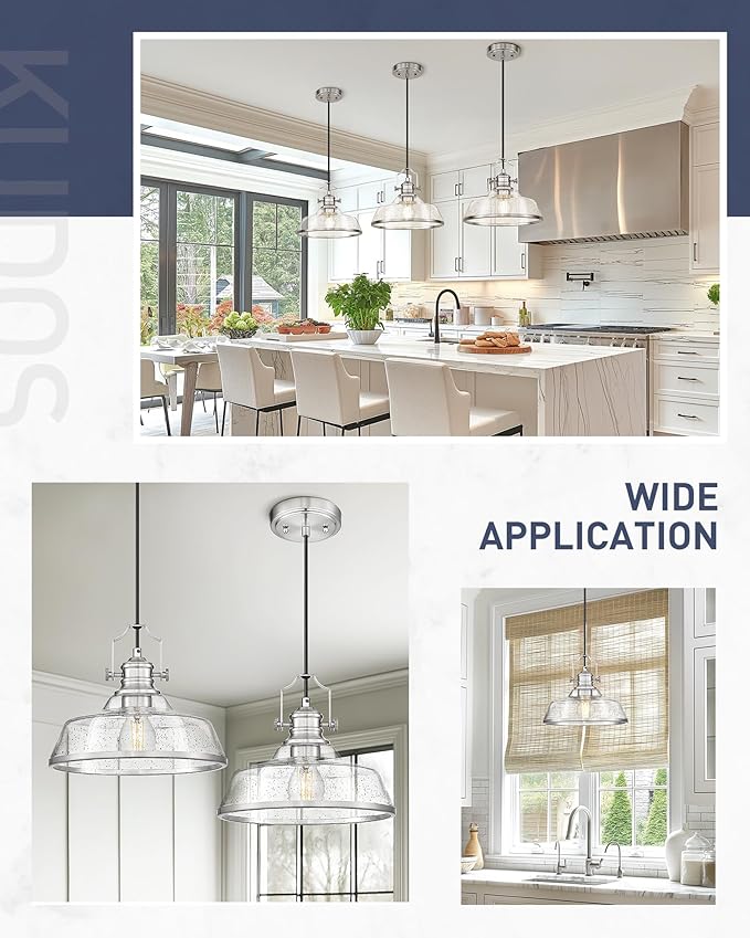 kudos 2 Pack Pendant Lights Kitchen Island, 11" Large Brushed Nickel Kitchen Island Lighting with Seeded Glass, Industrial Hanging Light Fixture for Kitchen Sink Dining Room, KDPL13-BN-S-2PK