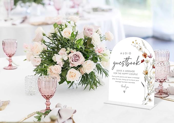 Boho Floral Audio Guest Book Sign, 6 x 8 Inch White Arch Acrylic Wedding Sign with Holder, Wedding Sign for Ceremony and Reception, Wedding Decoration, Wedding Supplies - BX29