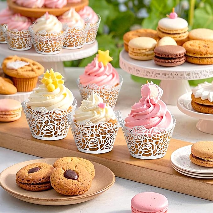 GWHOLE White Cupcake Wrappers, 50pcs Cupcake Liners with Rose Design Laser Cut Liners for Wedding Birthday Baby Shower Party Decorations Fancy Small Cupcake Decorations for Regular Cupcak