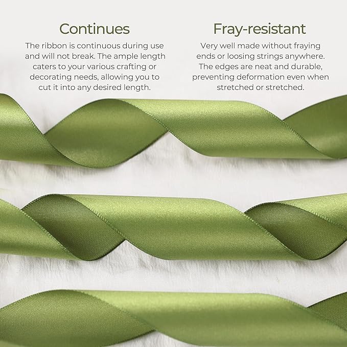 Olive Green Satin Ribbon 1/4 inch X Continuous 100 Yards, Single Face Polyester Ribbon Perfect for Gift Wrapping, Flower Bouquet, Wedding Decor, Crafts, Bow Making, Sewing and More
