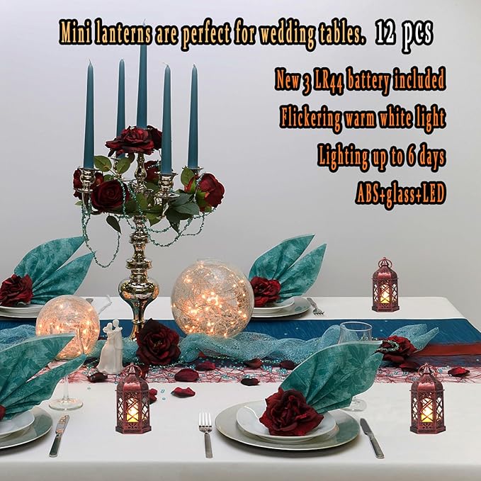 12PCS Mini Lantern with Flicker LED Candle for Halloween Decorations, Small Lanterns Decorative, Vintage Hanging Moroccan Lantern for Wedding Halloween Christmas Decor, Table Centerpiece, Rose Gold