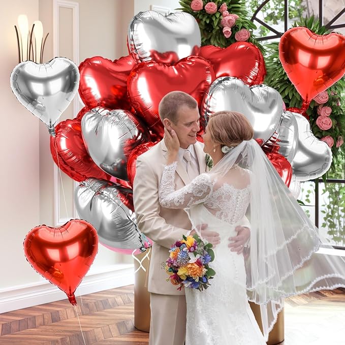 12 Pcs Heart Balloons, 18 inch Valentine's Day Heart Shaped Balloons, Red Silver Foil Helium Balloon, Love Foil Balloon for Valentine's Day Wedding Baby Shower Party Decorations