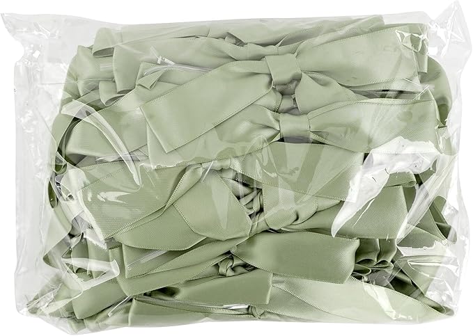 50 PCs Sage Green Bow Decor 5.5'' Satin Bows with Long Tail, Twist Tie Bows for Craft, Packaging Ribbon Bows, Premade Bows for Cake Decorating, Gift Bows for Treat, Wedding Favor, Party