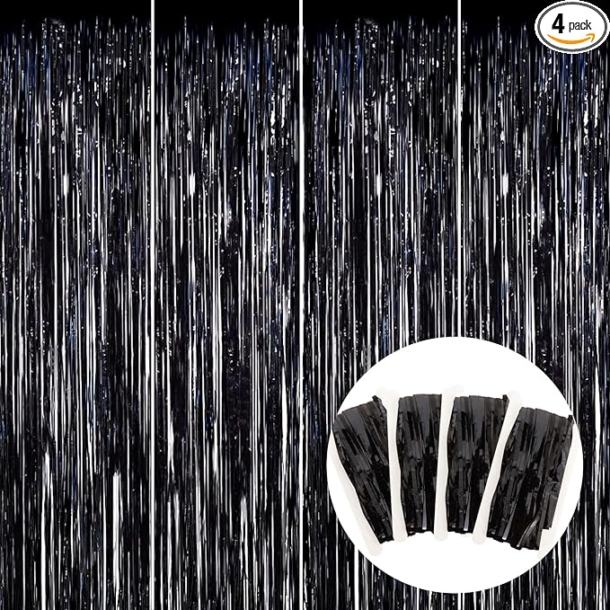 BEISHIDA 4 Pcs Black Door Streamers Tinsel Curtain Party Streamers Backdrop Fringe Foil Wall Background for Birthday Halloween Christmas Wedding Party Decoration(3.28 ft x 6.56 ft)