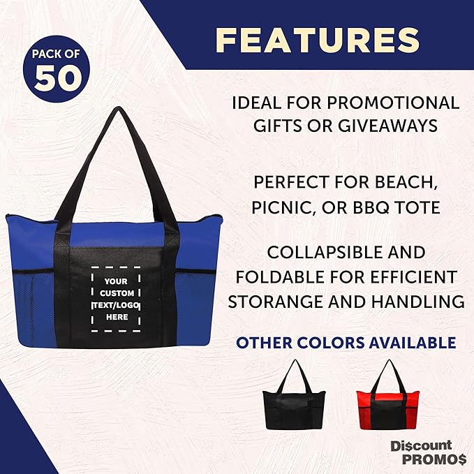 DISCOUNT PROMOS 50 Zippered Non-Woven Tote Bags Set - Customizable Text, Logo - Mesh Pocket, Zippered, Recyclable, Reusable - Blue - 19"X14"X3", with Zipper