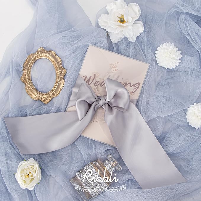 Ribbli Silver Double Faced Satin Ribbon, 3” x Continuous 10 Yards,Use for Bows Bouquet,Gift Wrapping,Floral Arrangement,Wedding Decoration