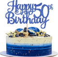 1 PCS Happy 50th Birthday Cake Topper Glitter Cheers to 50 Years Birthday Cake Pick 50 Fabulous Cake Decoration for Happy 50th Birthday Anniversary Party Decorations Supplies Blue