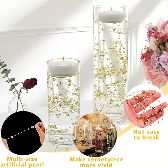 50 PCS Artificial Floating Beads for Centerpieces Vases, Light Pink 8+3mm String Beads for Wedding Party Faux Pearl String for Decorating, String Pearls for Crafts Vase Filler