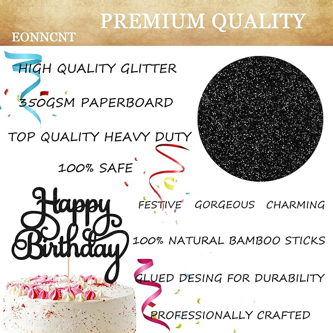 Happy Birthday Cake Topper - Black Glitter Birthday Party Cake Decoration Supplies - Happy Birthday Cake Decor, for Anniversary/Birthday Party Supplies Photo Booth Props