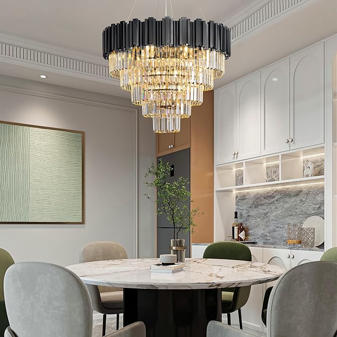 27.5" Black Crystal Chandelier, 9-Light Modern Luxury Round Chandelier, 5-Tier Contemporary Tiered Chandeliers Light Fixture for Dining Room, Living Room, Bedroom, Foyer, Entryway, Kitchen