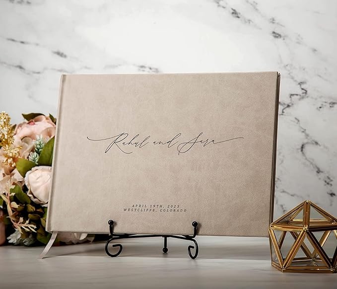 MUUJEE Personalized Guestbook in Taupe - Premium Custom Modern Guest Book for Wedding Reception, Birthday Party or Events w/Bookmark Blank Pages for Signing 11.5 x 8.5 inches