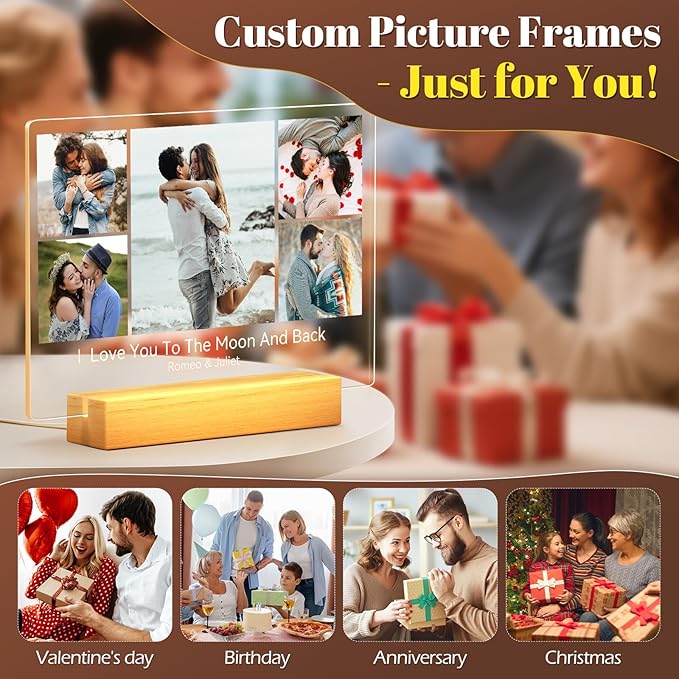 Custom Picture Frames with Photo, Personalized Photo Frame with Night Light, Customized Picture Frame, Personalized Anniversary Birthday Gifts for Women, Men, Him, Her, Couple, Boyfriend, Girlfriend