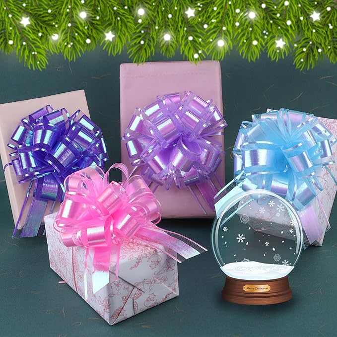 12 Pieces Laser Pull Bows 6 Inch Gift Wrapping Pull Bows with Ribbon for Christmas Presents Wedding Gift Wrapping Baskets