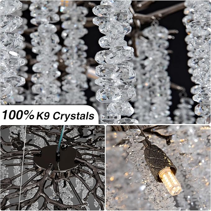 YUYI 47.2'' Modern Crystal Chandeliers for Dining Room,Black Luxury Round Tree Branches Chandelier Lighting,High Ceiling Chandelier Light Fixture Hanging Pendant Light Fixtures
