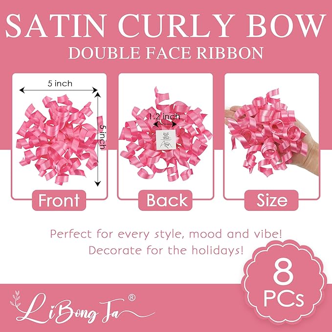 5'' Hot Pink Gift Bow Curly Ribbon Bows Set of 8, Double Faced Satin Ribbon Bow Premade Self Adhesive Bow Decorations for Party, Wedding, Holiday, Gift Bows for Crafts, Wine Bottle, Presents