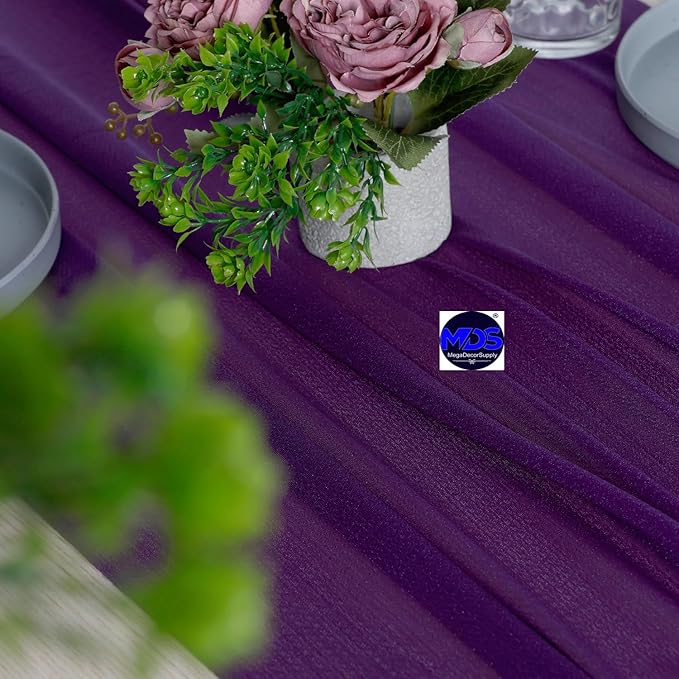MDS 25 Pack 10ft Chiffon Table Runner 29 x 120 Inches Sheer Wedding Runner Romantic Rustic Table Runner for Wedding Decorations, Birthday Parties, Bridal Shower Party Arch Decor - Cadbury Purple