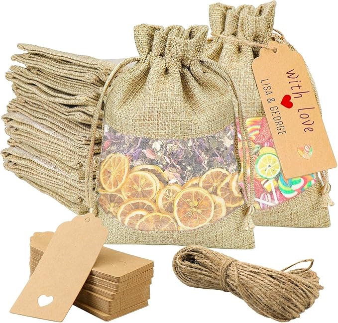 GIOIPC 50Pcs 6 x 9 Inch Linen Burlap Sheer Bags with Drawstring and Bonus Gift Tags for Wedding Birthday Bag,Craft Bags,Cosmetic Samples