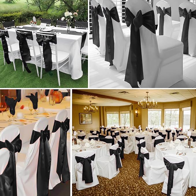 fani 120 PCS Black Satin Chair Sashes Bows Universal Chair Cover for Wedding Reception Restaurant Event Decoration Banquet,Party,Hotel Event Decorations (7 x 108 inch)