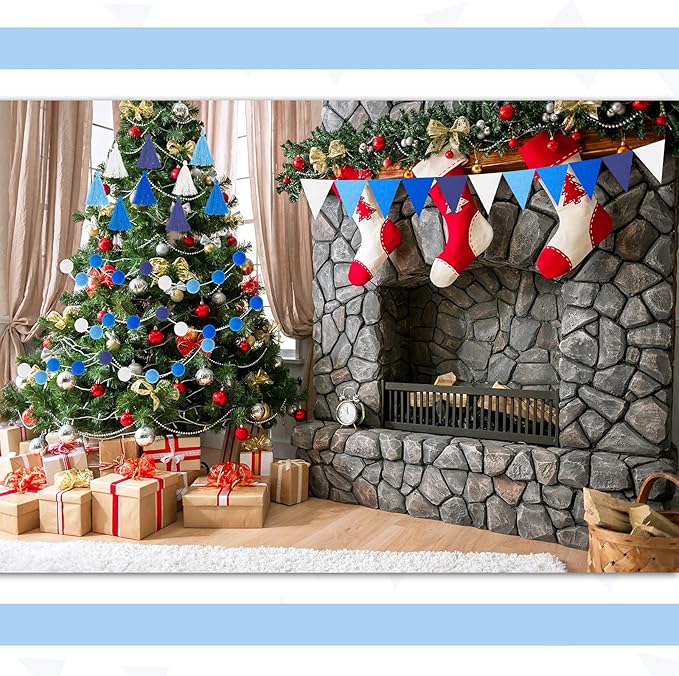 Irenare 9.8 ft Pom Pom Garland Felt Colorful Tassel Banner Christmas Party Pompoms Garland Decorations Felt Pennant Banner for Classroom Home Mantel Fireplace Birthday(Blue)