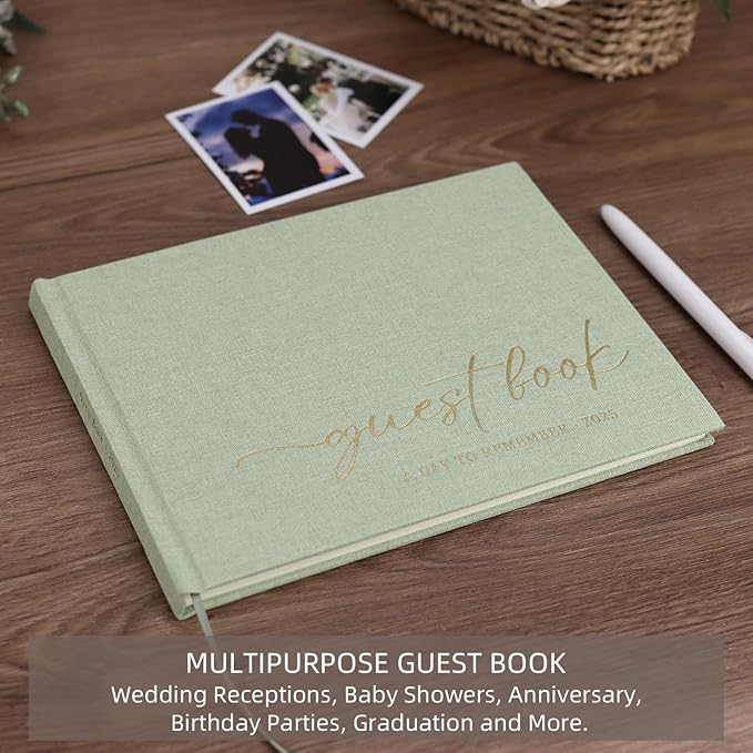 Elegant Guest Book for Wedding Reception, Beautiful Guestbook for Baby Shower and Wedding Decor, 100 Blank Pages for Sign in, Polaroid Pictures and Photos, Linen Cover (2025, Sage)