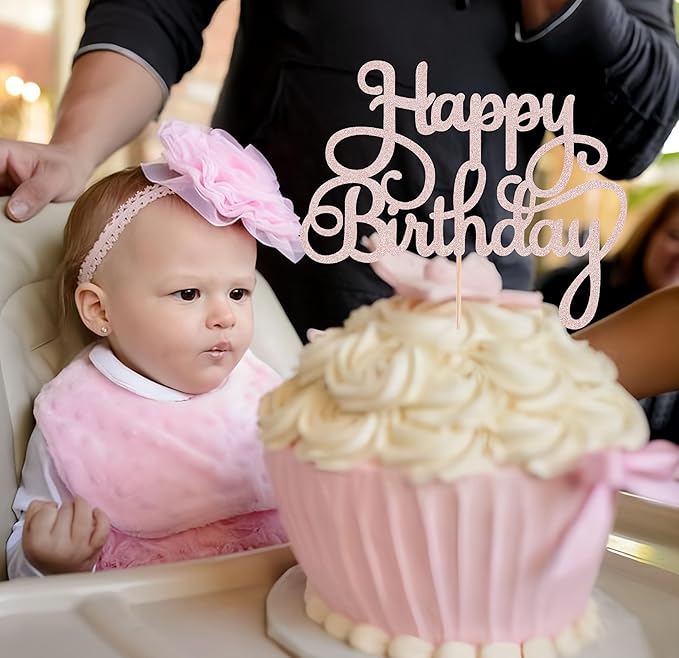 Happy Birthday Cake Topper - Rose Gold Glitter Birthday Party Cake Decoration Supplies - Happy Birthday Cake Decor, for Anniversary/Birthday Party Supplies Photo Booth Props