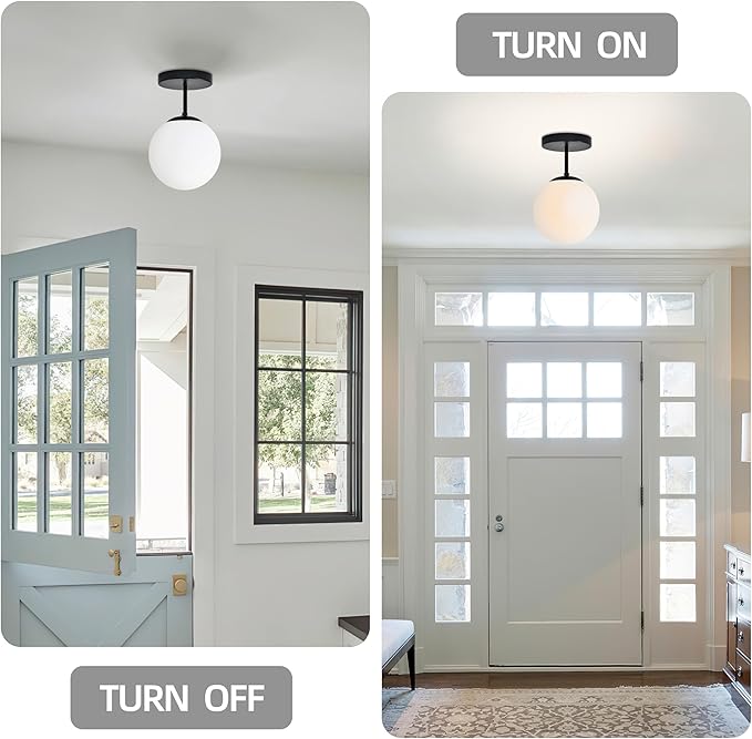 8" Black Semi Flush Mount Ceiling Light Fixture Milk Glass Globe Ceiling Light Fixtures Hallway Light Fixtures Mid Century Ceiling Lights Matte Black Finish for Entryway Foyer (Bulb Incl.)