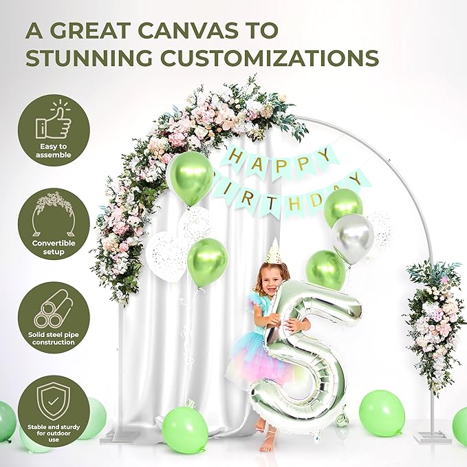 VERDEVISTA Convertible 6.5 FT Round Backdrop Stand - Heavy Duty Balloon Arch Stand with 2 Waterbags - Multiuse Photo Backdrop Arch, White Circle Ring Balloon Arch Frame for Wedding Baby Shower & More