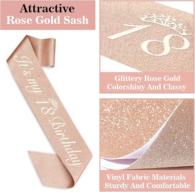 18th Birthday Decorations for Girls, Including Sash, Crown/Tiara, Candles, Cake Topper, 18th Birthday Gifts for Girls, Rose Gold Party Decor Supplies