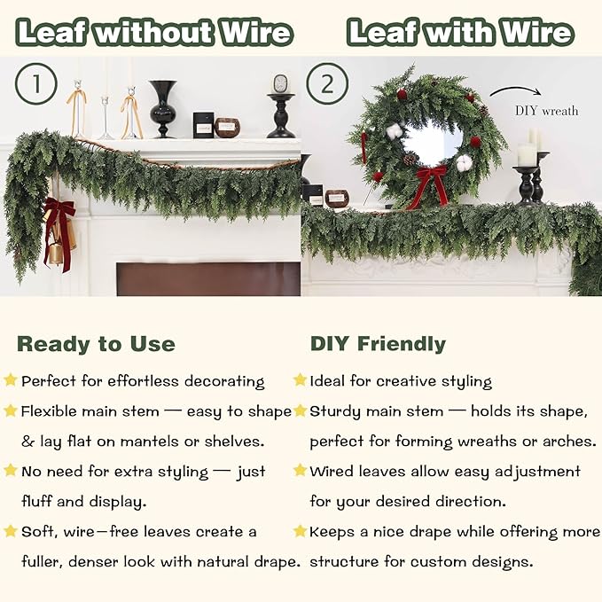 9FT Artificial Cedar Garland for Christmas Decoration - Realistic Winter Greenery Garland for Mantel, Fireplace, Table, Door, Holiday Indoor Outdoor Decor