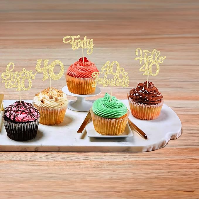 30pcs Happy 40th Birthday Cupcake Toppers - Gold Glitter Forty Cheers to 40 Years Old Cupcake Picks for Anniversary Party Cake Decorations