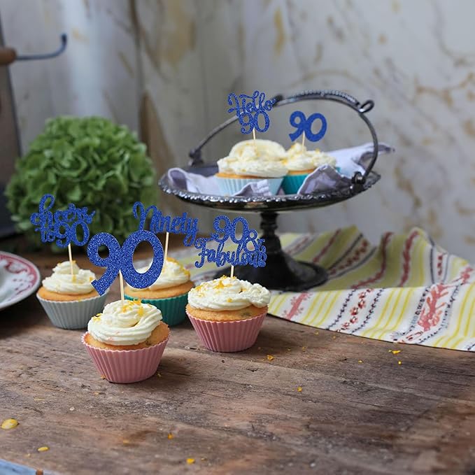 30pcs Happy 90th Birthday Cupcake Toppers - Deep Blue Glitter Ninety Cheers to 90 Years Old Cupcake Picks for Anniversary Party Cake Decorations