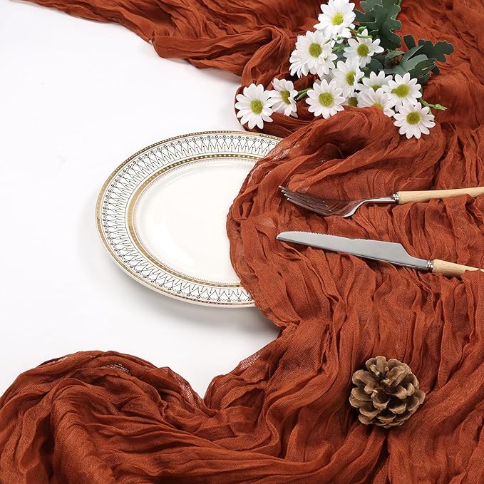 6 Pack Fall Thanksgiving Table Runner Terracotta Cheesecloth 10ft Boho Gauze Fabric Cheese Cloth Burnt Orange Table Runner 35 x 120 Inch Rustic Sheer for Wedding Décor Party Centerpiece Decoration