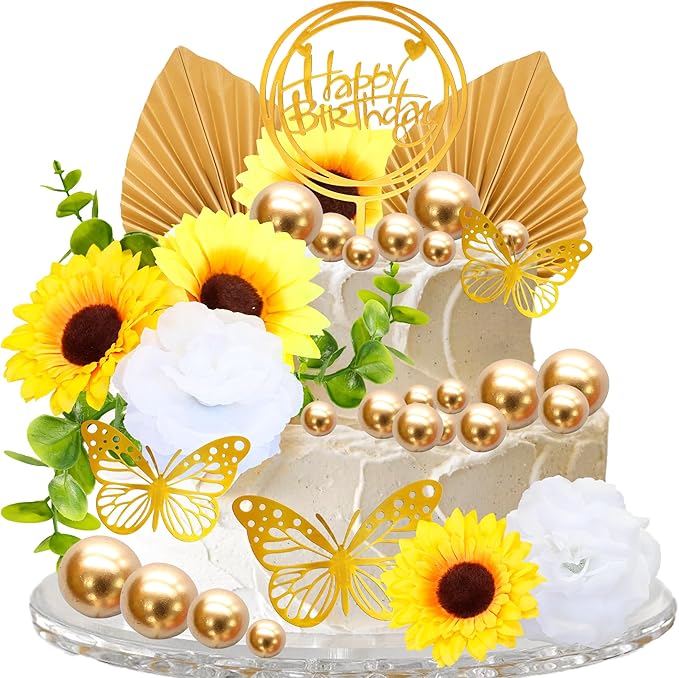 Gyufise 54Pcs Artificial Sunflower Cake Decorations Acrylic Happy Birthday Cake Topper Butterfly Balloon Cake Toppers for DIY Wedding Birthday Valentine's Day Party Supplies Yellow