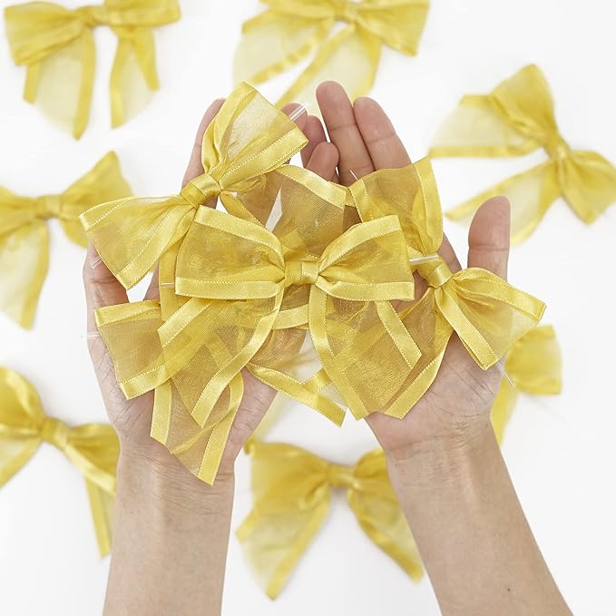 AIMUDI Gold Bows for Treats 4" Organza Bows Premade Twist Ties Bows for Gift Wrapping Crafts Treat Bags Baskets Cake Pop Baby Shower Birthday Wedding Christmas Decor - 12 Counts