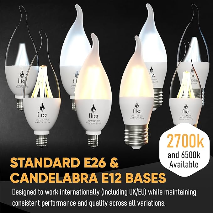 Fliq | LED Flame Light Bulb | 2 Pack | 2W | 4 Modes | Flickering Flame Bulb | 2023 Release | (Standard Clear E26)