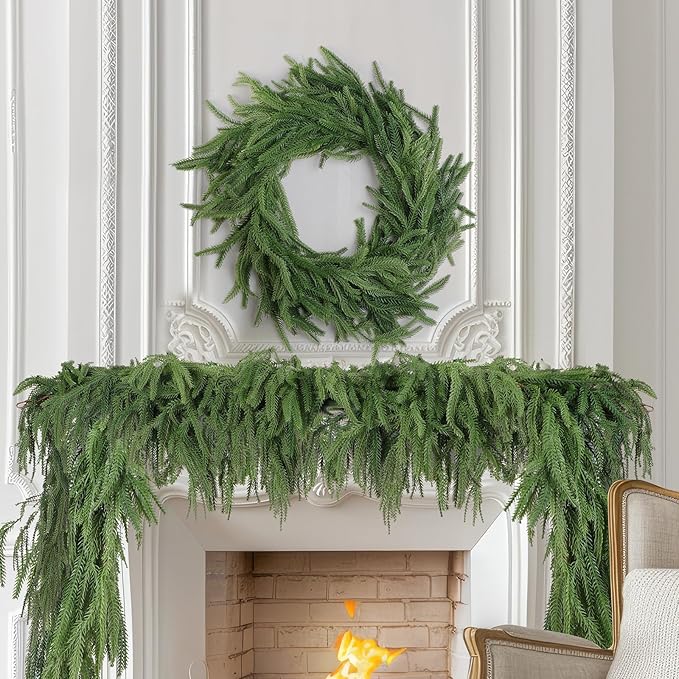 4 Pack Christmas Norfolk Pine Garlands 9FT, Real Touch Artificial Greenery Garland – Full Evergreen Pine Garland for Mantle, Fireplace, Table, Wall, Stairs & Outdoor Holiday Décor