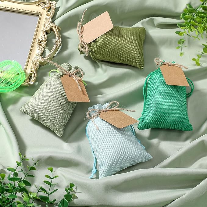 Woanger 100 Pcs Burlap Gift Bags with 100 Pcs Kraft Paper Gift Tags Drawstring Favor Bulk Burlap Sack Bags for DIY Wedding Party Craft(4 x 6 Inch,Mint, Grass, Army, Dark Green)