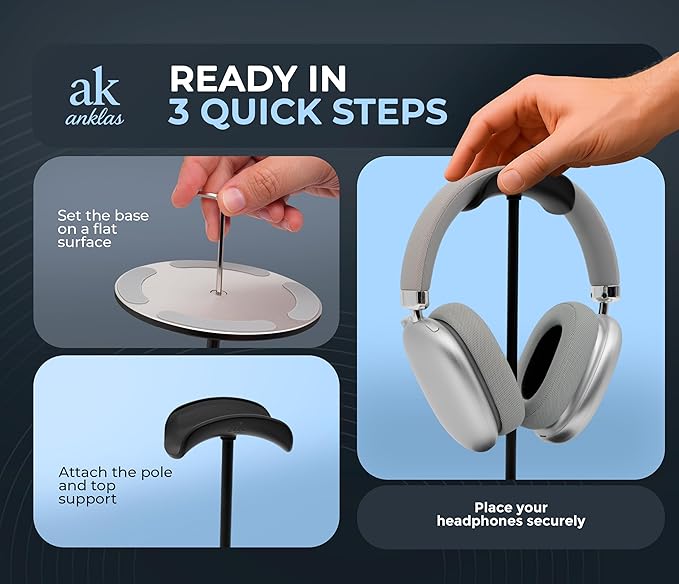 Headphone Stand for Desk – Premium & Minimalist Headset Holder with Round or Oval Base for Gaming, Office & Home (Black, Standard)