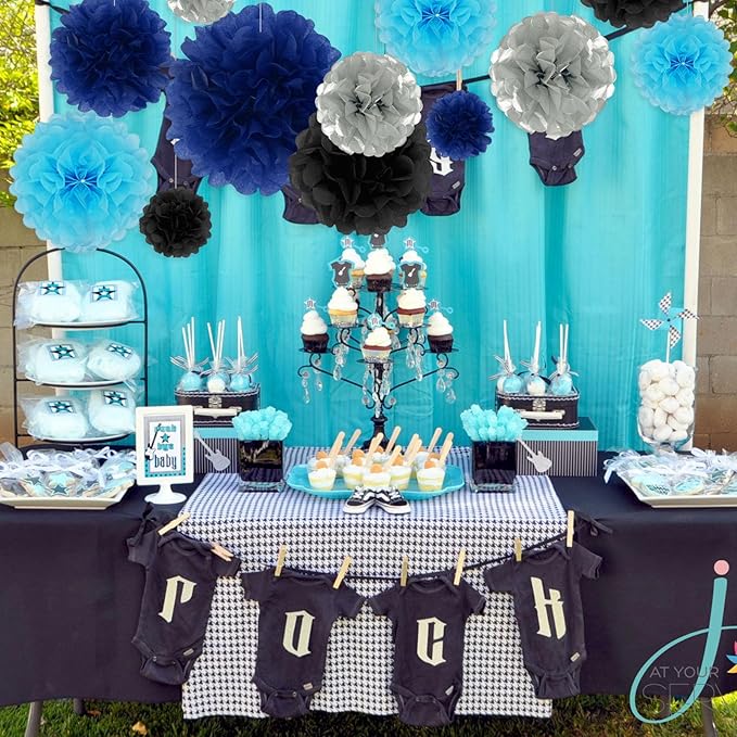 Tissue Paper Pom Poms, Black Silver Blue Tissue Paper Flowers, Hanging Flower Balls for Weddings Fiesta Parties Birthday Baby Showers Classroom Bridal Shower Decoration (20Piece Set-6/10/12/14Inch)