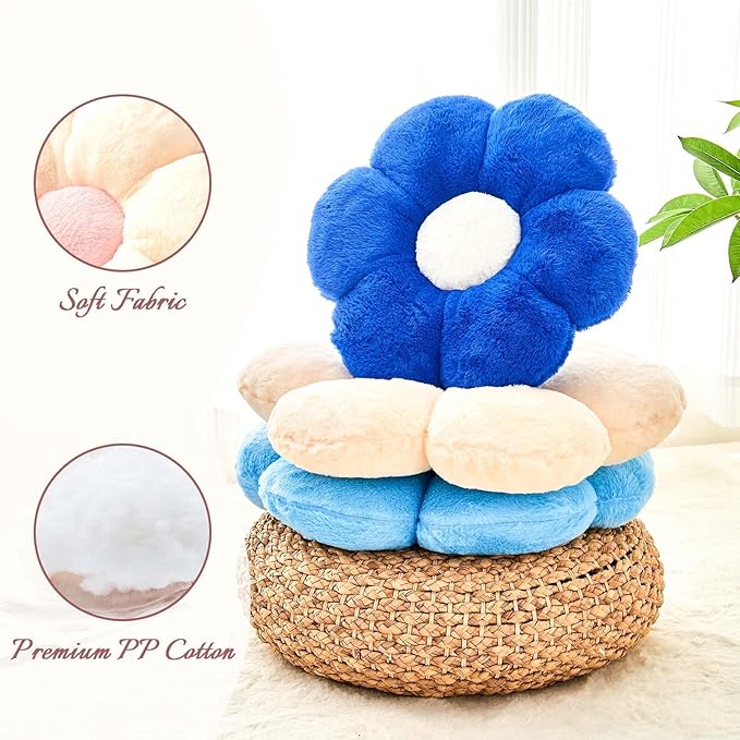 Beige Flower Pillow, Cute Decorative Flower Shaped Throw Pillow with Faux Rabbit Fur, 19.6" Soft Flower Plush Throw Pillow Floor Pillows Room Décor for Bedroom Living Room