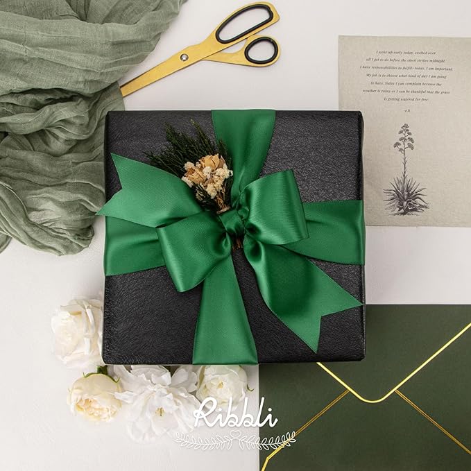 Ribbli Forest Green Double Faced Satin Ribbon, 2” x Continuous 10 Yards,Use for Bows Bouquet,Gift Wrapping,Floral Arrangement,Wedding Decoration