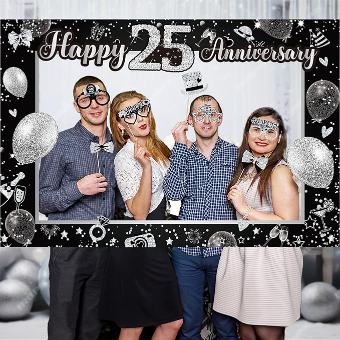 25th Wedding Anniversary Decorations Black Sliver 25th Wedding Anniversary Party Photo Booth Props and Selfie Frame Silver Happy 25 Years Anniversaries Party Supplies for Women Men Cheers to 25 Years
