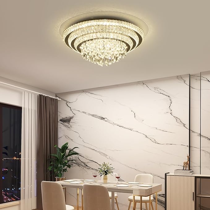 30 inch Crystal Silver Ceiling-Light Flush Mount with Remote Control and APP, 3CCT Dimmable & Brightness Adjustable, Modern Crystal Raindrop Chandeliers for Bedroom Hallway Dinning Room Living Room