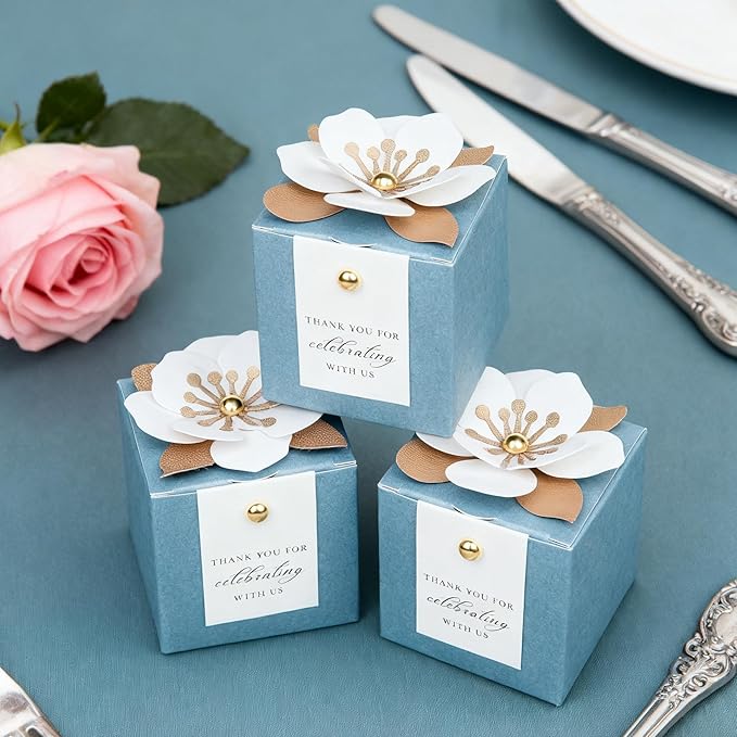 FEIYI 20 PCS Candy Boxes, 3 In 1 Dusty Blue Favor Boxes with Floral Decor, White Thank You Tags Gift wrapping for Wedding Birthday Baby Shower Decorations Party -2.55x2.55x2.55''