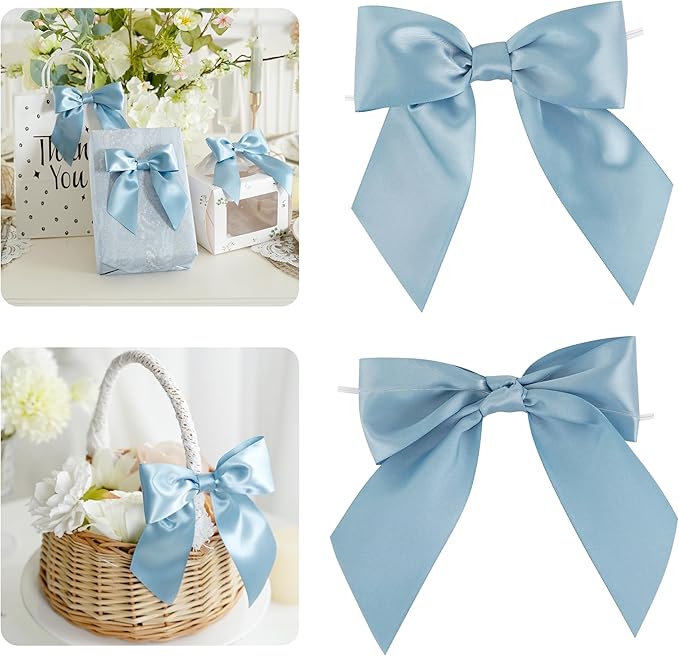AIMUDI Dusty Blue Satin Bows 5.5" Bows for Gift Wrapping Satin Twist Tie Bows Premade Ribbon Bows for Treat Bags Invitations Baskets Wreaths Crafts Wedding Birthday Baby Shower Decorations, 24 PCs